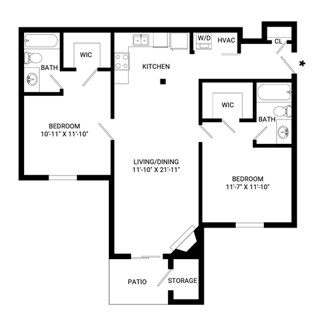 a floor plan of a two bedroom apartment with a bathroom and kitchen
